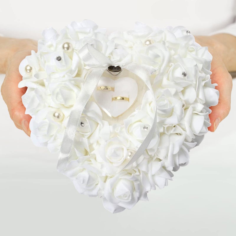TOPINCN Wedding Pillow, Eemoon Flor Girl Basket White Wedding Pillow Romantic Lace Wedding Heart Pillow Cushion, Flor Girl Basket with Ribbon Pearl Wedding Ceremony Holder for Wedding Supplies - Image 1